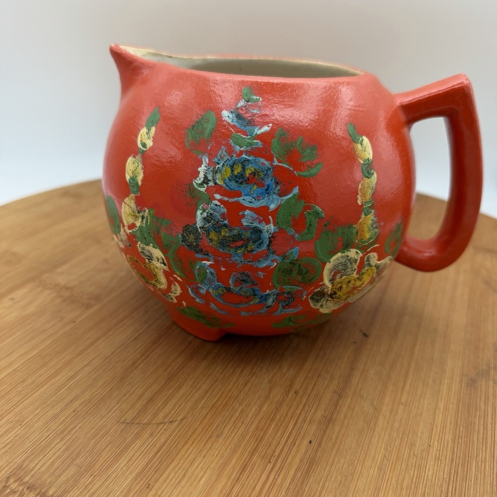 Vintage Ransburg Pottery Floral Orange‎ Pitcher
